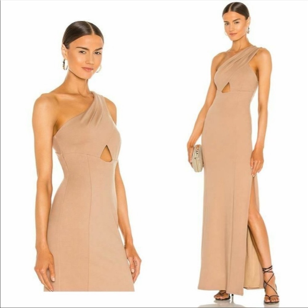 NEW Lovers + Friends Stacey Cut Out High Neck Side Slit Dress Camel Brown Size S